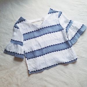 Blue & White Bell Ruffle Sleeve Cropped Blouse Top